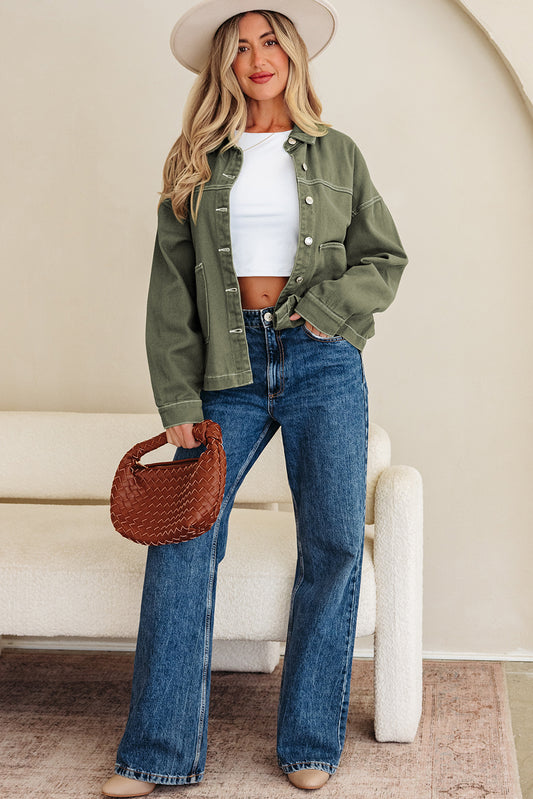 Smoke Green Patched Pocket Collared Button Front Boyfriend Denim Jacket 145108466a85f607
