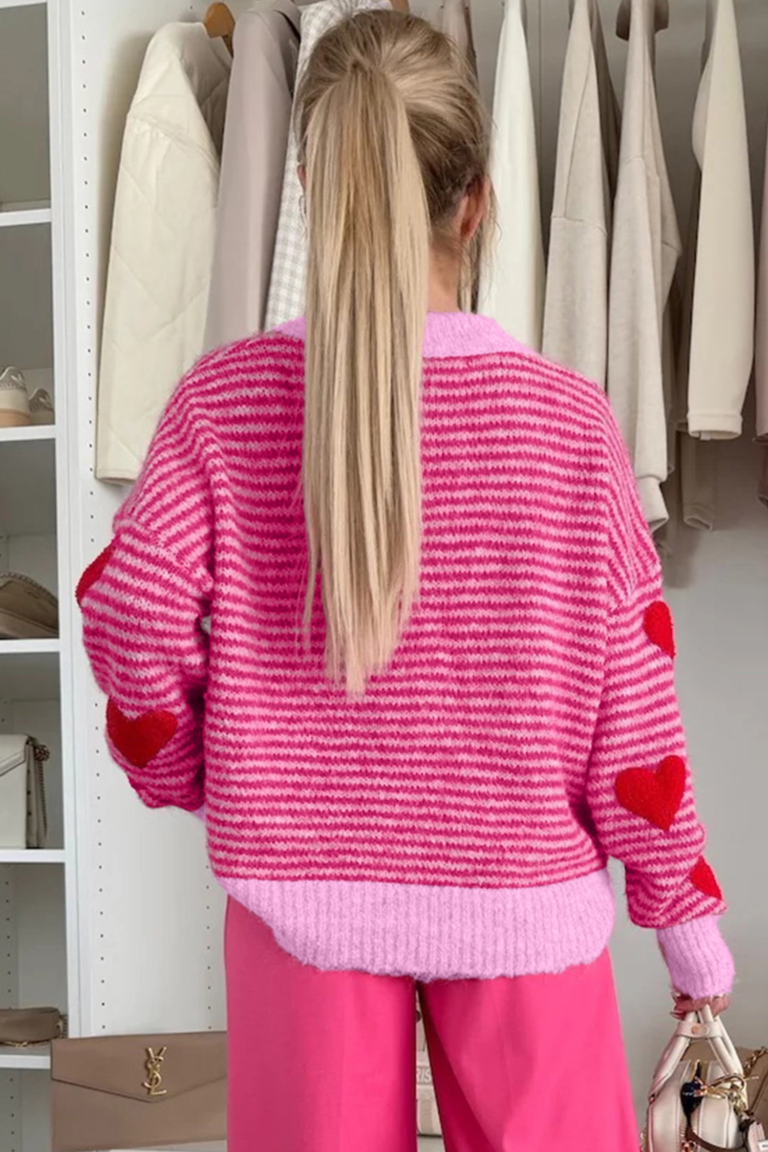 Rose Stripe Contrast Heart Pattern Valentine Knit Sweater 14521d96815dfbf3