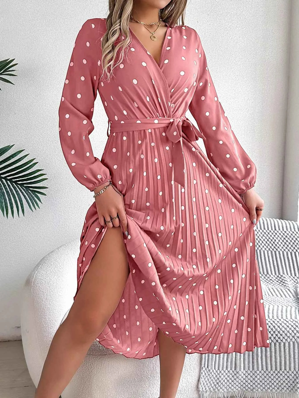 Front Tie Polka Dot Midi Pleated Dress 1454df3a-110c-49e0-b1f9-ef3e4683b51b-Max-Origin
