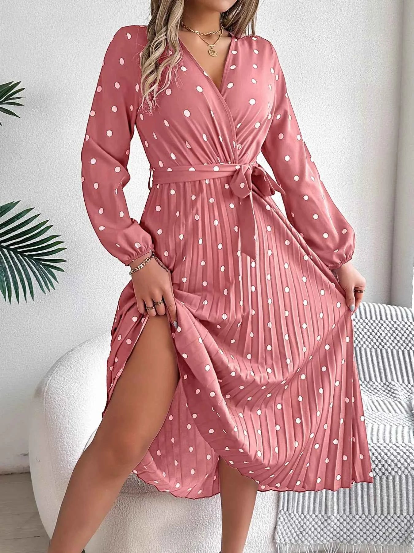 Front Tie Polka Dot Midi Pleated Dress 1454df3a-110c-49e0-b1f9-ef3e4683b51b-Max-Origin