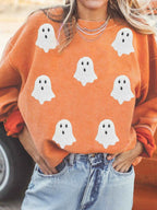 Halloween Ghost Sequin Patched Twisted Ribbed Texture Sweatshirt Tangerine 14551d2a974a4394921f813bc9c035d0-Max-Origin