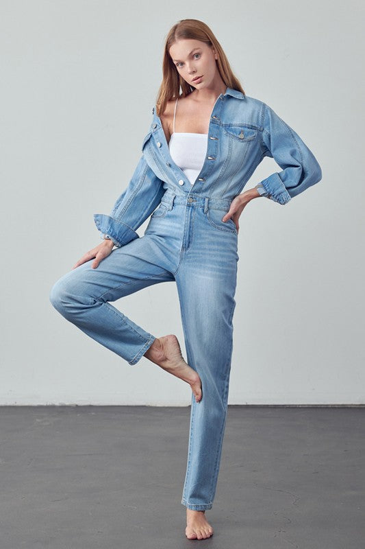 High Waist Flap Pocket Half Button Denim Jumpsuit 14566243_1b8844ad-ba80-4ec1-bc4e-1ab05f8ce7e1