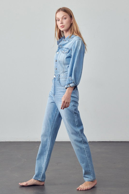 High Waist Flap Pocket Half Button Denim Jumpsuit 14566243_43105561-54be-400a-ae99-ff962817ba0d
