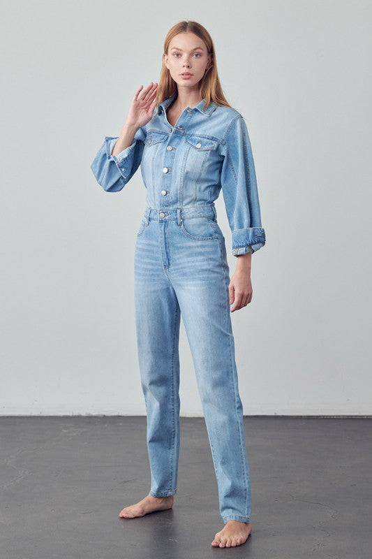 High Waist Flap Pocket Half Button Denim Jumpsuit 14566243_b44ab71e-fe25-4d3d-b9d1-a0d12fce0e22