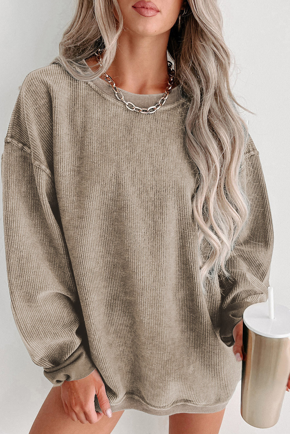 Green Ribbed Round Neck Drop Sleeve Pullover Sweatshirt Khaki 100%Polyester 1457a461cd56f70e
