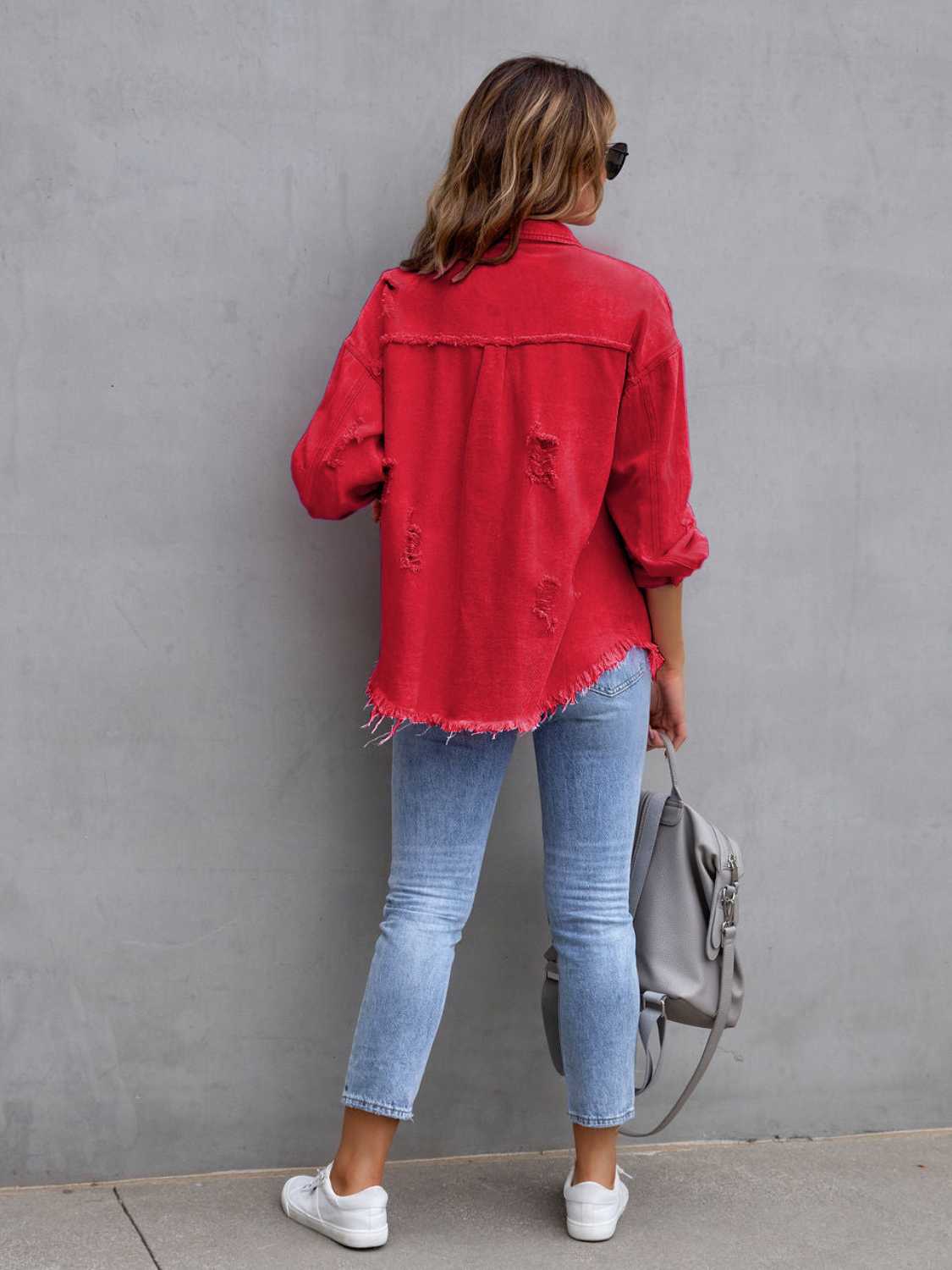 Distressed Drop Shoulder Denim Jacket 145c7c6369a7434ea59797cb259f7ffb-Max