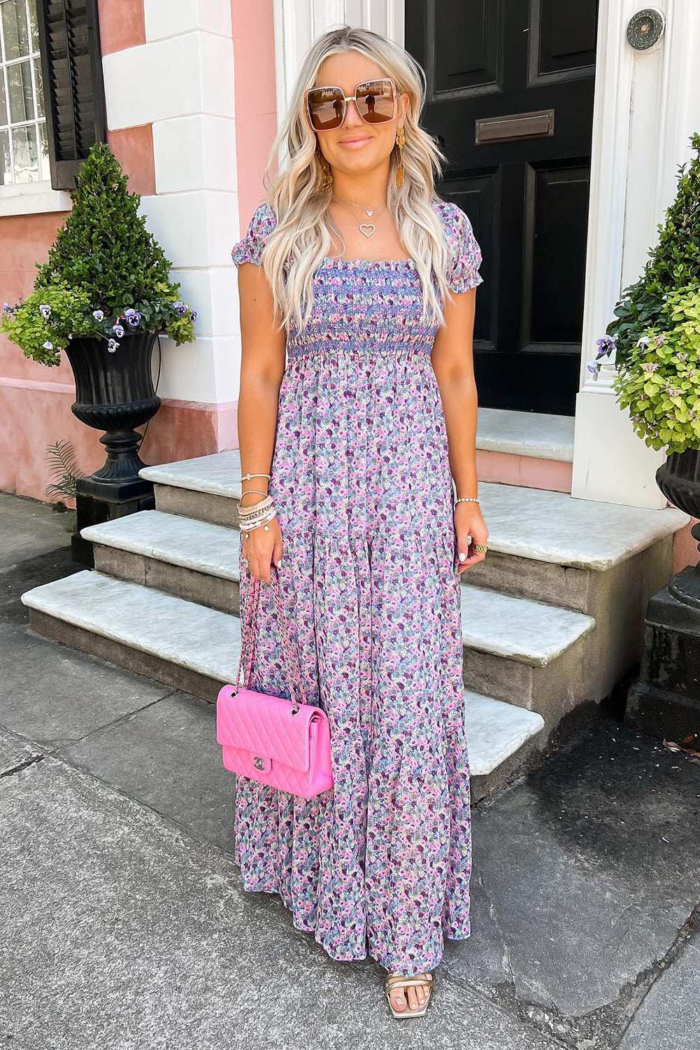 Purple Floral Short Bubble Sleeve Smocked High Waist Maxi Dress 145d908abbf2eb56-_4