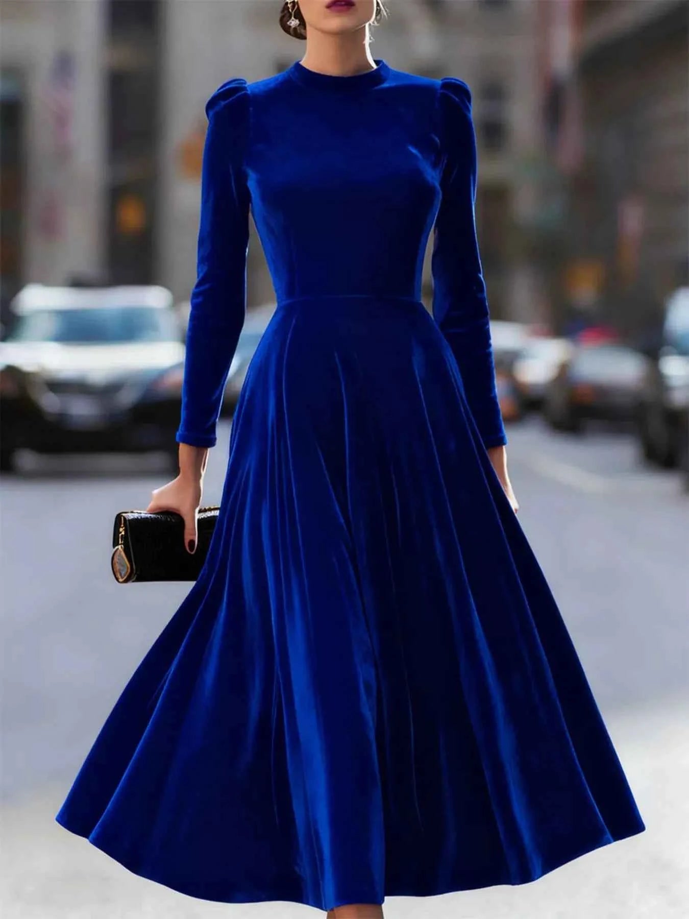 Velvet Long Sleeve A-Line Dress Blue 1461bb6c02c246448346d1309334907e-Max-Origin
