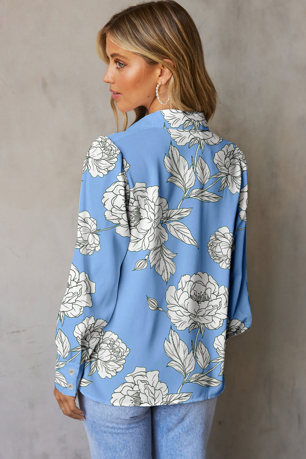 Sky Blue Floral Print Pleated Puff Sleeve Shirt 146958a0f51627fa