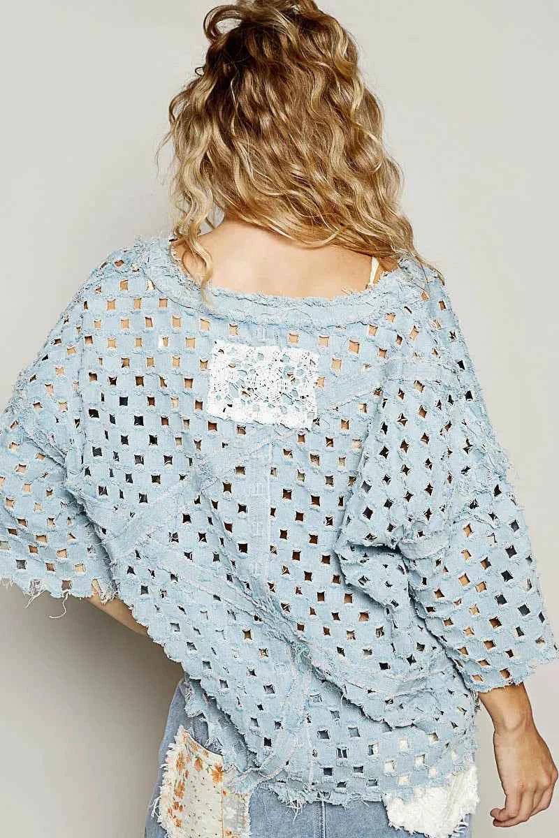 POL V-Neck Short Sleeve Top with Laser Cut Detail 146e8497-3b46-435b-af9d-83030e04ae3b-Max-Origin