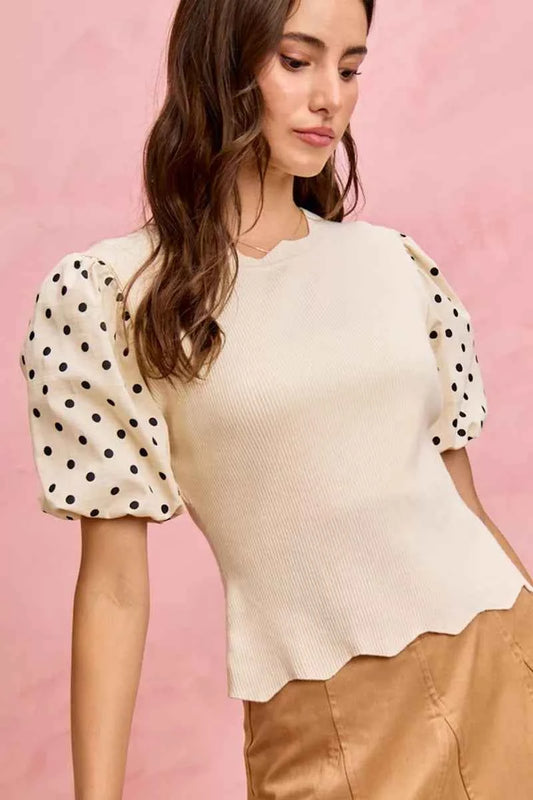 SO ME Polka Dot Contrast Woven Ballon Sleeve Blouse 146f27ed05cb4076b5903af4389dfd9a-Max-Origin