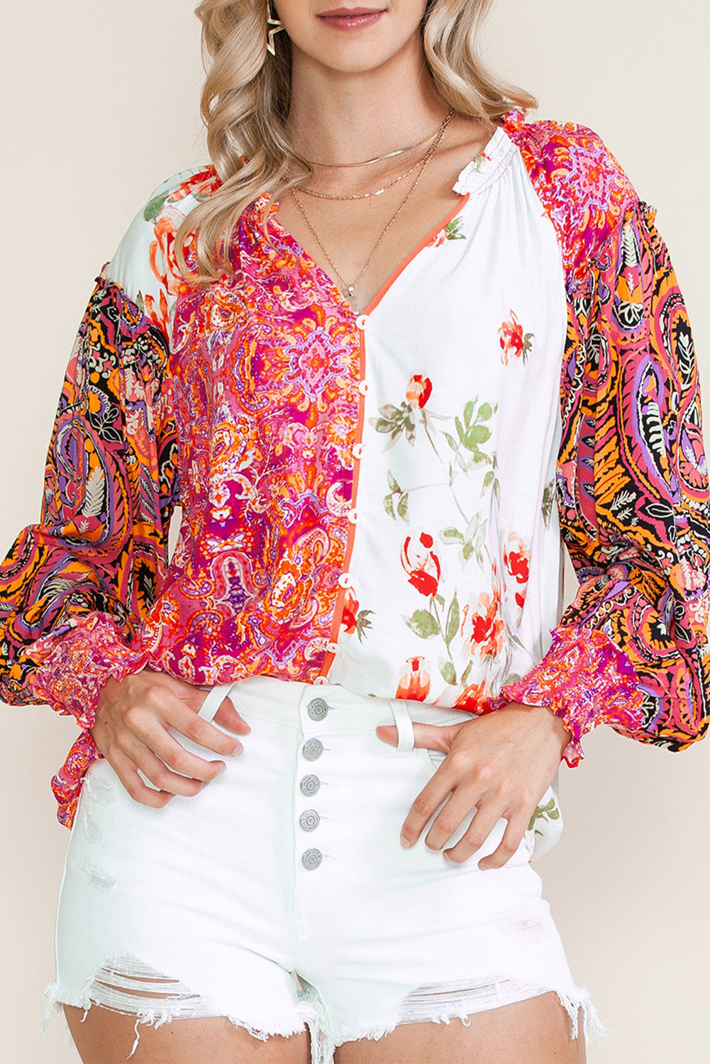 Multicolor Floral Patchwork Shirred Cuff Buttoned V Neck Blouse Multicolor 100%Viscose 1470e4b22261b222