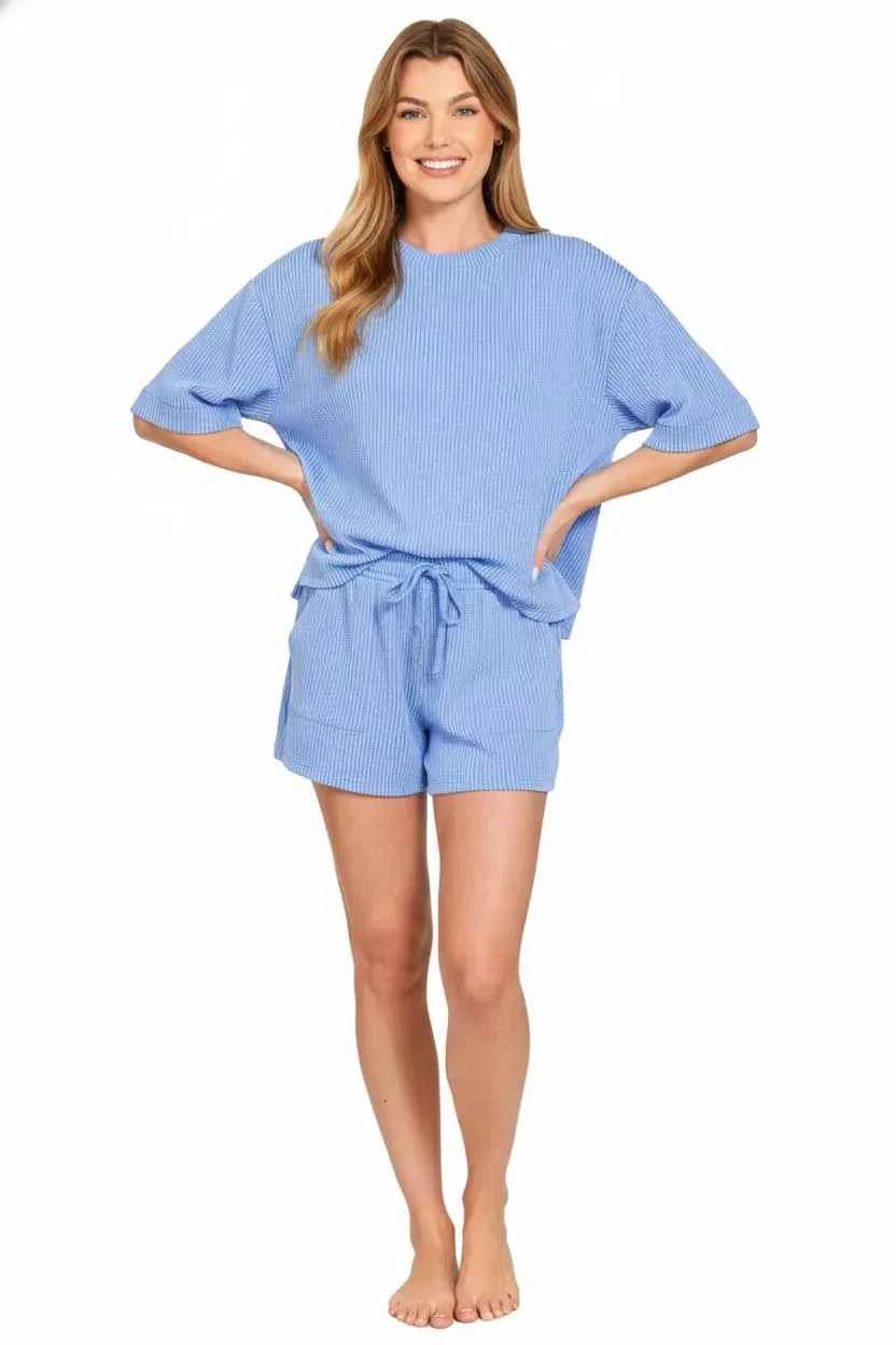 Zenana Raised Rib Short Sleeve Tee and Drawstring Shorts Set 1472791a-985a-4401-9d76-3edb5d1cd1a4-Max-Origin