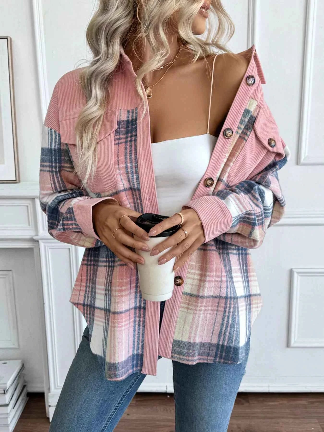 Plaid Button-Up Shacket with Chest Pockets 1472951dca8948b2b979c2a5a3ecc85d-Max-Origin