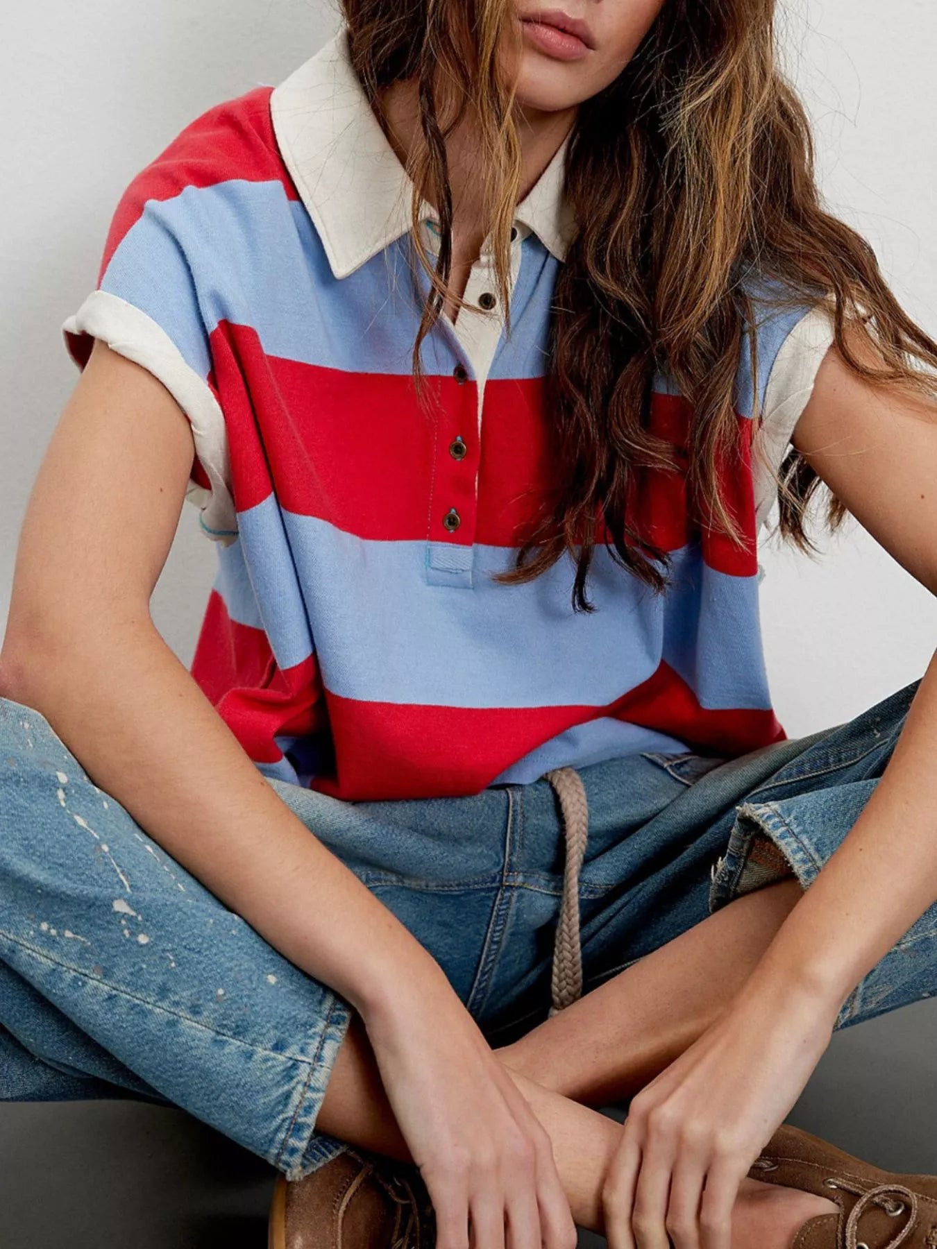 Half Button Striped Short Sleeve Cropped Polo Shirt 14781d31-04b3-44db-b0cc-84fd3da5bac6-Max-Origin