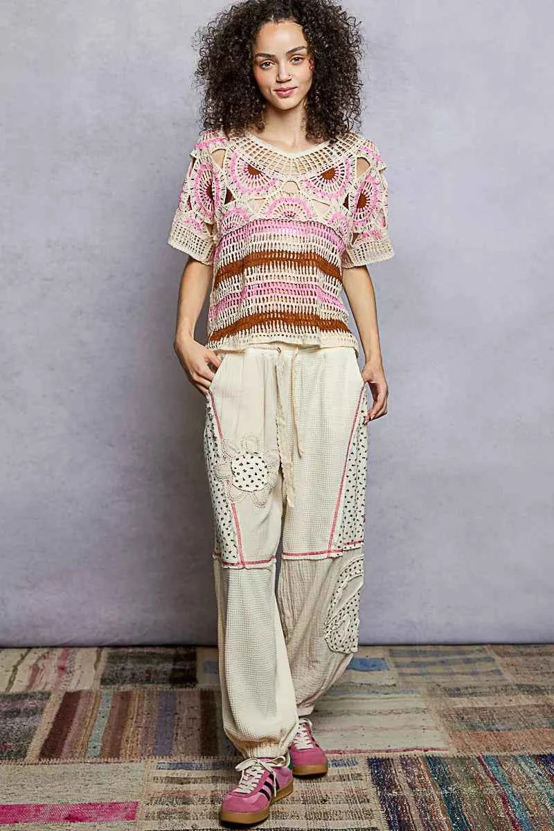 Weave Pattern Short Sleeve Crochet Top with Border Accents 147b0ee5-a7a2-471c-bf69-0d8ad59d245a-Max-Origin