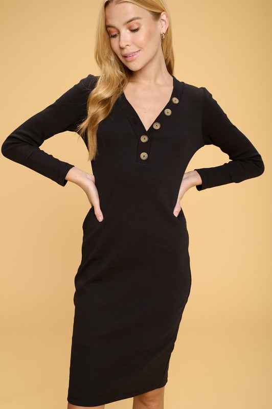 Cotton Rib Knit Midi Bodycon Dress with Buttons BK 14817650_f4868773-e5c5-4519-8e9c-949935689900