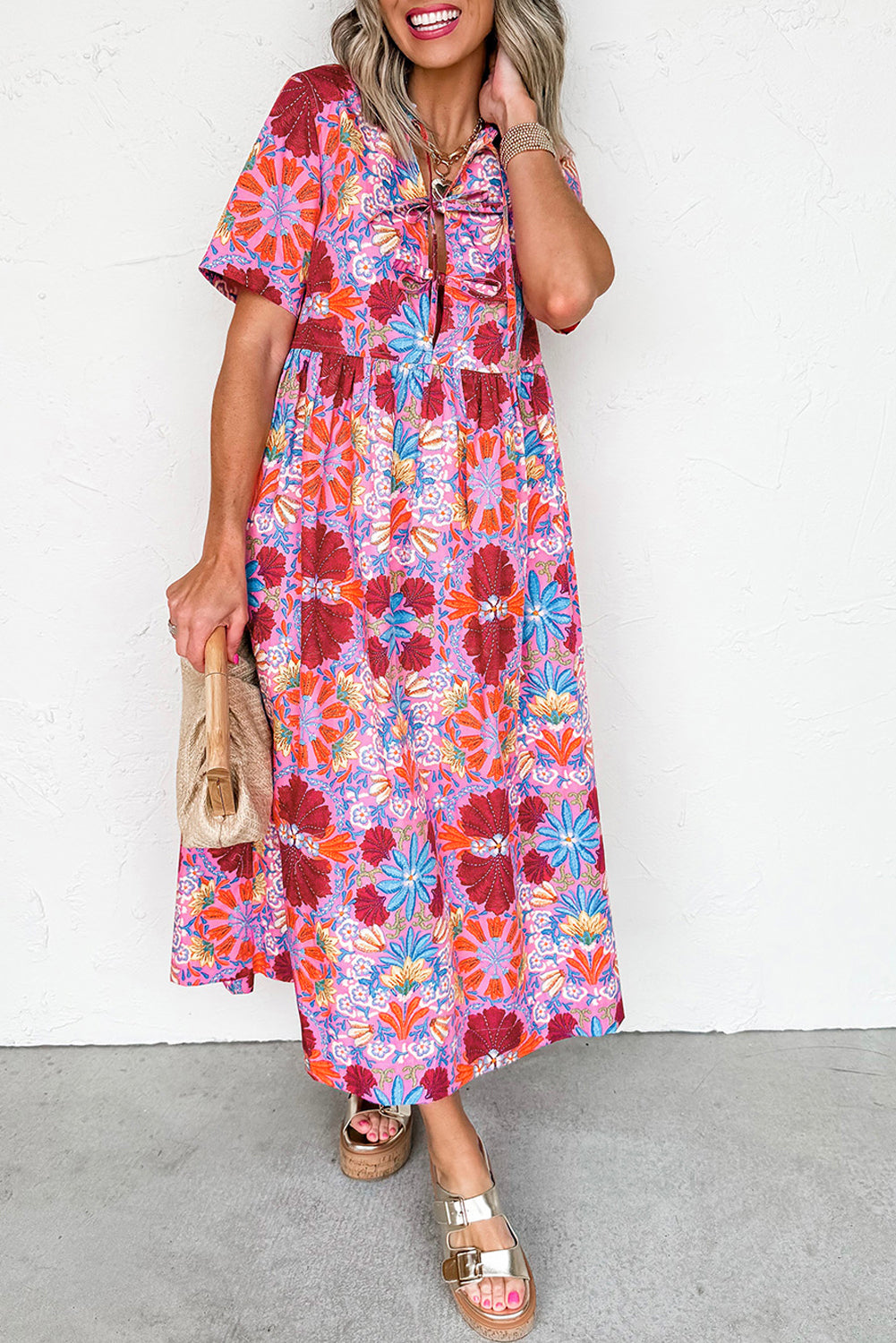 Rose Floral Print Tie Front High Waist Loose Midi Dress Rose 1487bf9973c28670