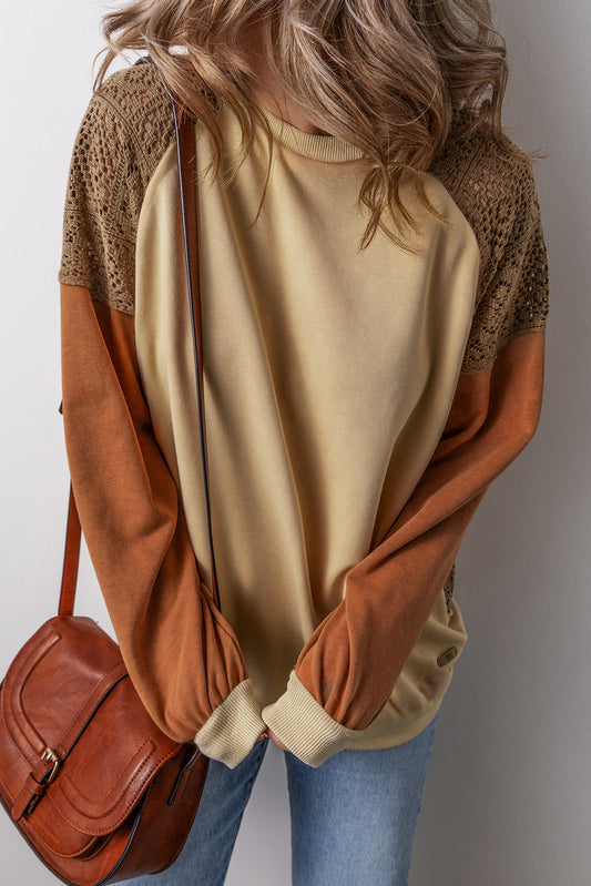 Khaki Crochet Patchwork Raglan Sleeve Sweatshirt 148981ef2ede6fac