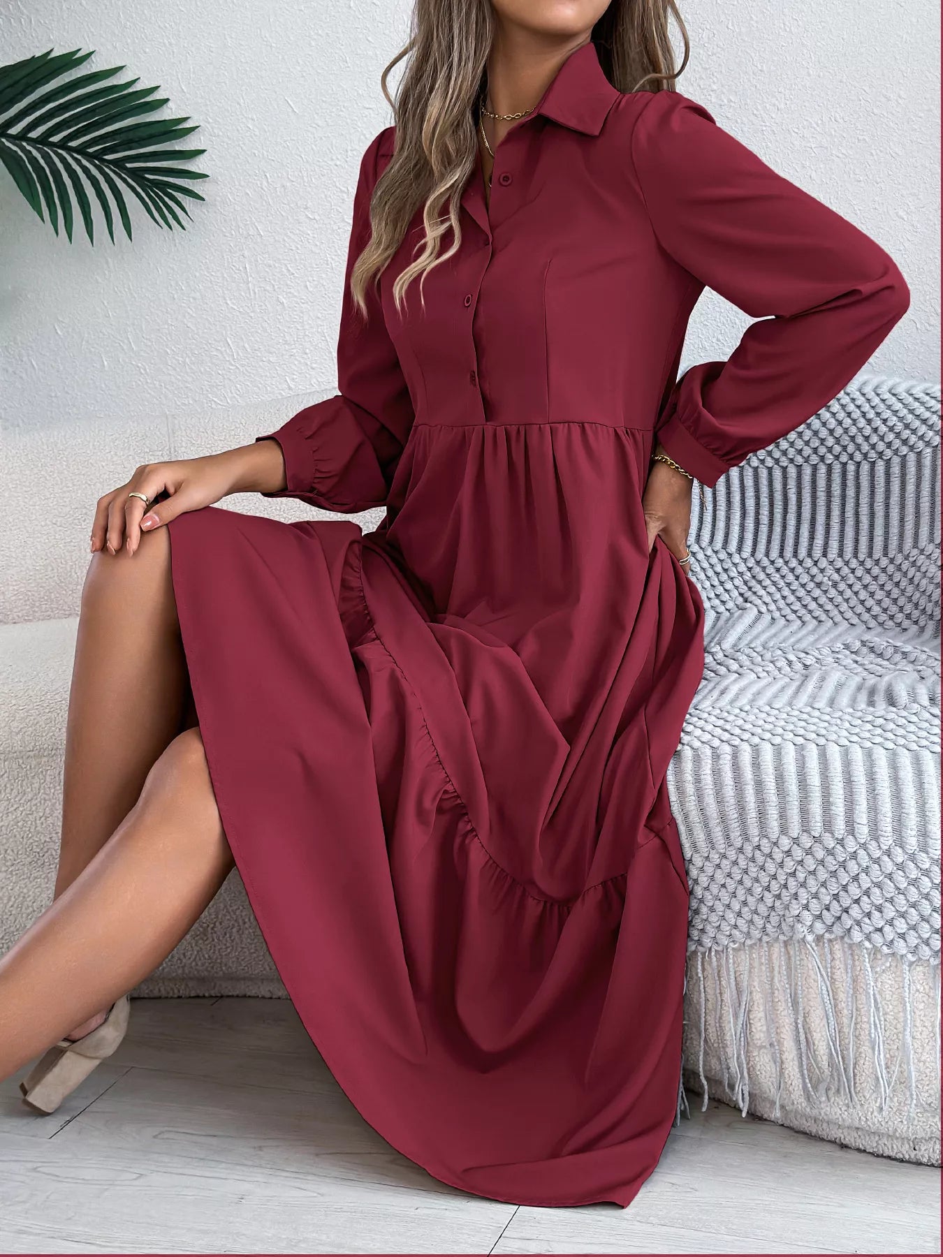 Long Sleeve Tiered Button Front Midi Dress 148f14cf74464dfabc2f139b0359a6b0-Max-Origin