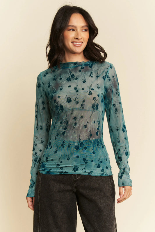 Davi & Dani Floral Mesh Long Sleeve Sheer Layering Top