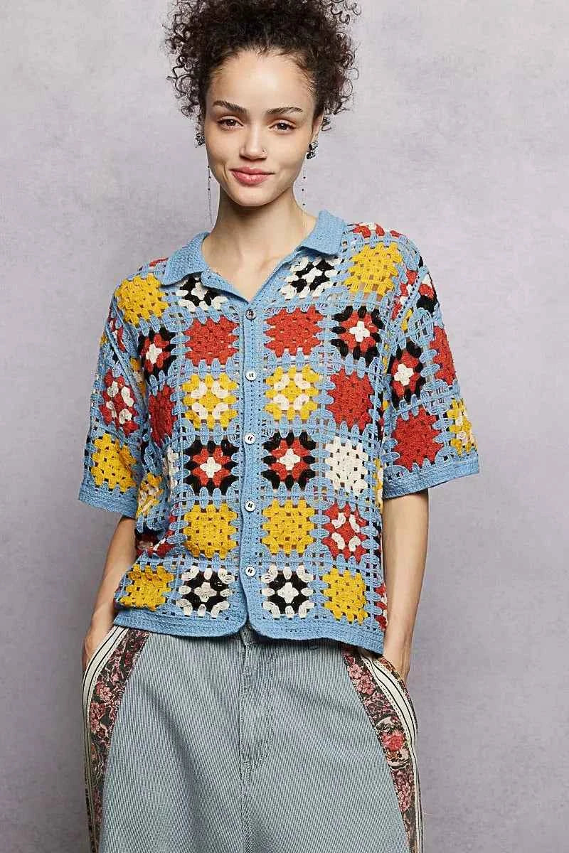 POL Crochet Short Sleeve Relaxed Fit Shirt SKY MULTI One Size 1492b2e5-0614-46ab-920c-79a98fdeb09b-Max-Origin