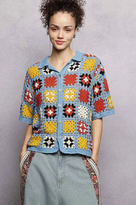 POL Crochet Short Sleeve Relaxed Fit Shirt SKY MULTI One Size 1492b2e5-0614-46ab-920c-79a98fdeb09b-Max-Origin