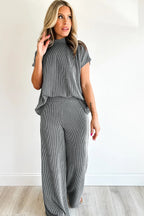 Dark Grey Twisted Ribbed High Neck Loose Tee Elastic High Waist Loose Pant Set 1493456102f90ee2