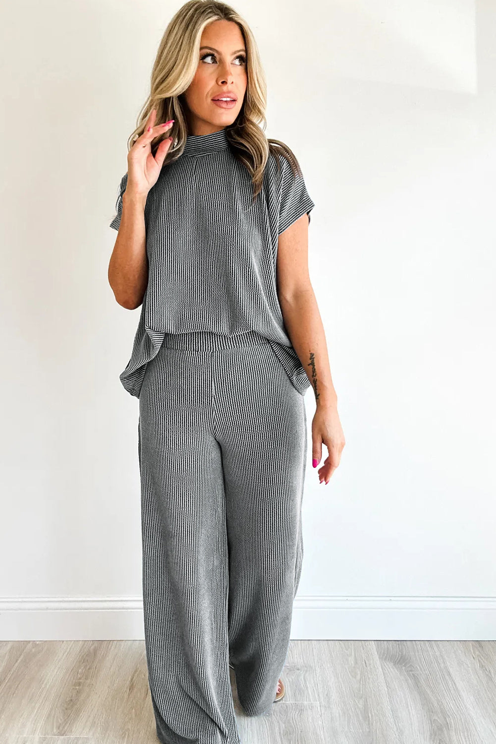 Dark Grey Twisted Ribbed High Neck Loose Tee Elastic High Waist Loose Pant Set 1493456102f90ee2
