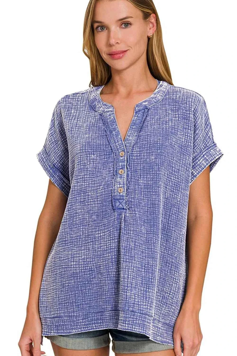 Zenana Washed Double Gauze 3/4 Button Henley Neck Shirt 1495d7a7-6956-4b6e-96c4-f6730f9a3dd3-Max-Origin