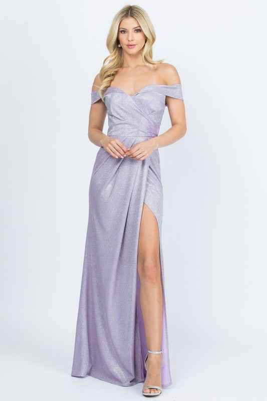 Off the shoulder glittery jacquard gathered gown Lilac 14998666_4eab2edc-8926-48f8-85c7-079b52aa6629