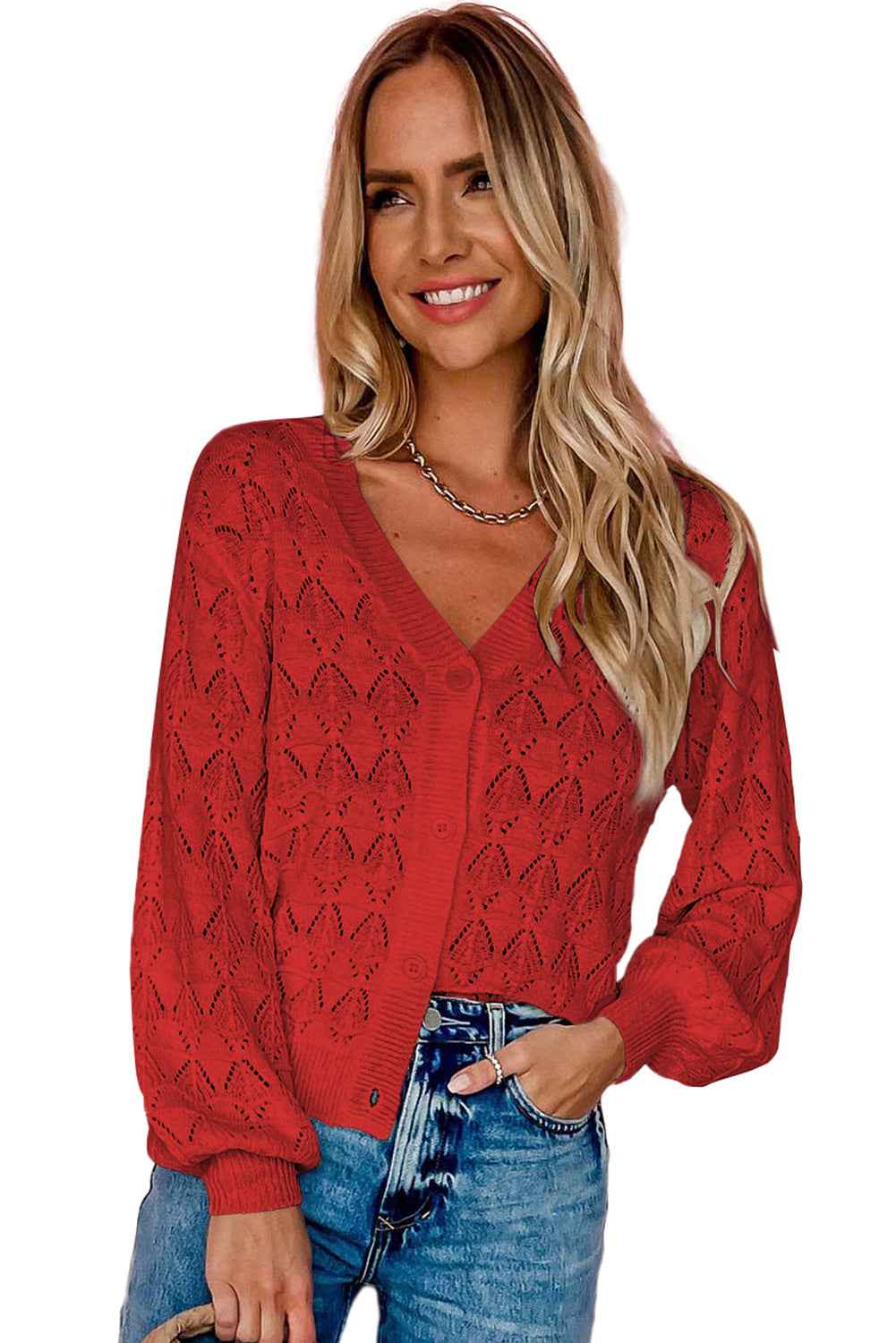 Fiery Red Lightweight Buttoned Front Crochet Cardigan 149c10db36818246