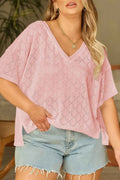 Light Pink Pointelle Rhombus Knit Plus Size V Neck Loose Top Light Pink 100%Polyester 14a09dd6a80a24af