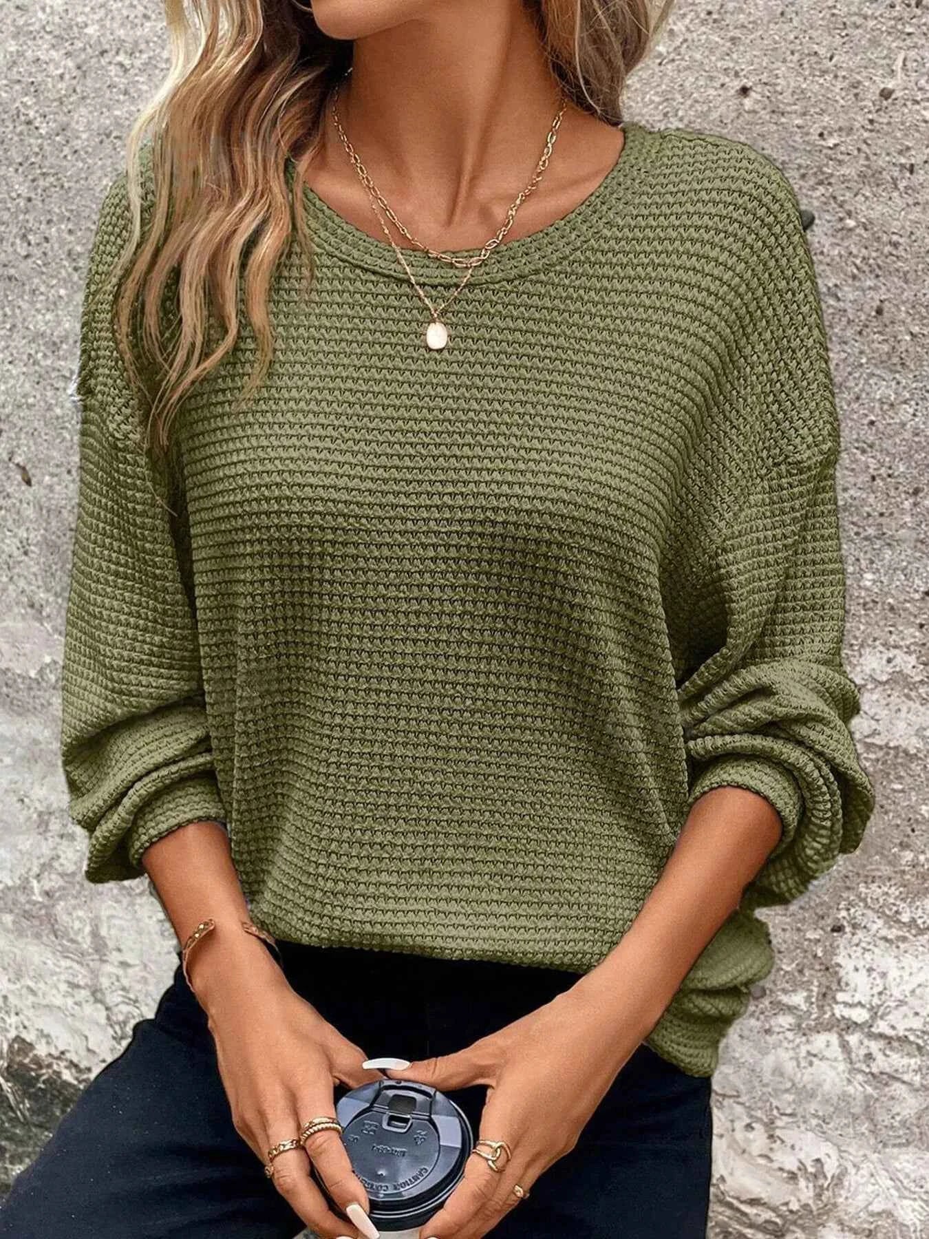 Plus Size Relaxed Fit Waffle Knit Round Neck T-Shirt Moss 14a236eefb9b4ed8bf55c98f605f242e-Max-Origin