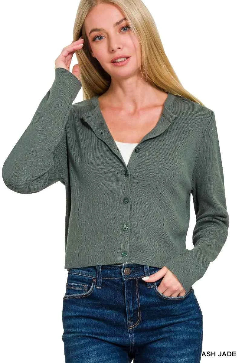 Zenana Button-Front Crewneck Long Sleeve Cropped Cardigan 14a442dd699f40d5ab5c44a7656122b7-Max-Origin