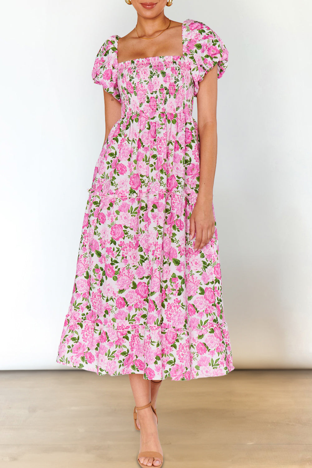 Pink Floral Smocked Puff Sleeve Flowy Midi Dress