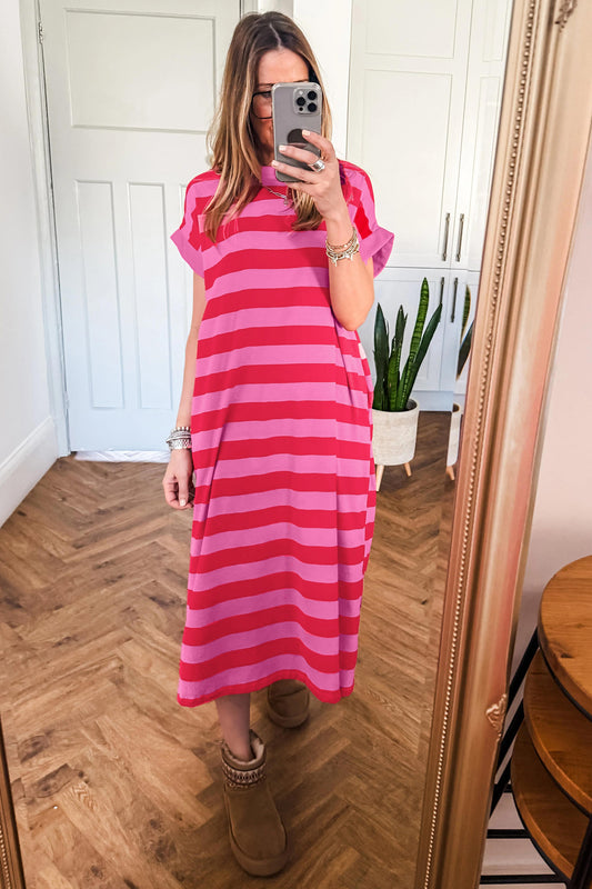 Rose Stripe Cuffed Short Sleeve Pocketed Casual T Shirt Long Dress 14a955476070fa3e