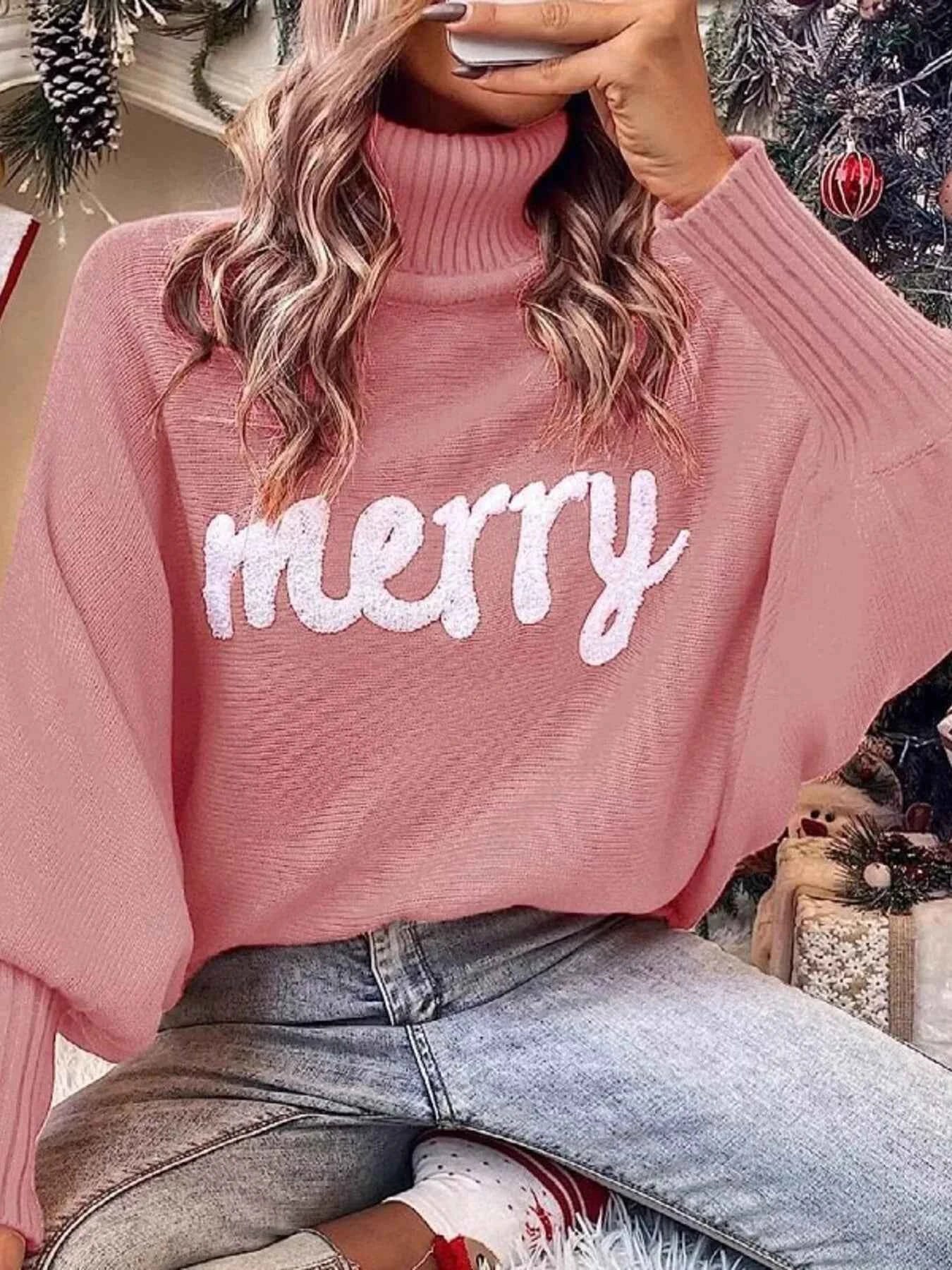 Merry Turtleneck Long Sleeve Christmas Sweater 14a9c1eb121f45218e93acda03acfd61-Max-Origin