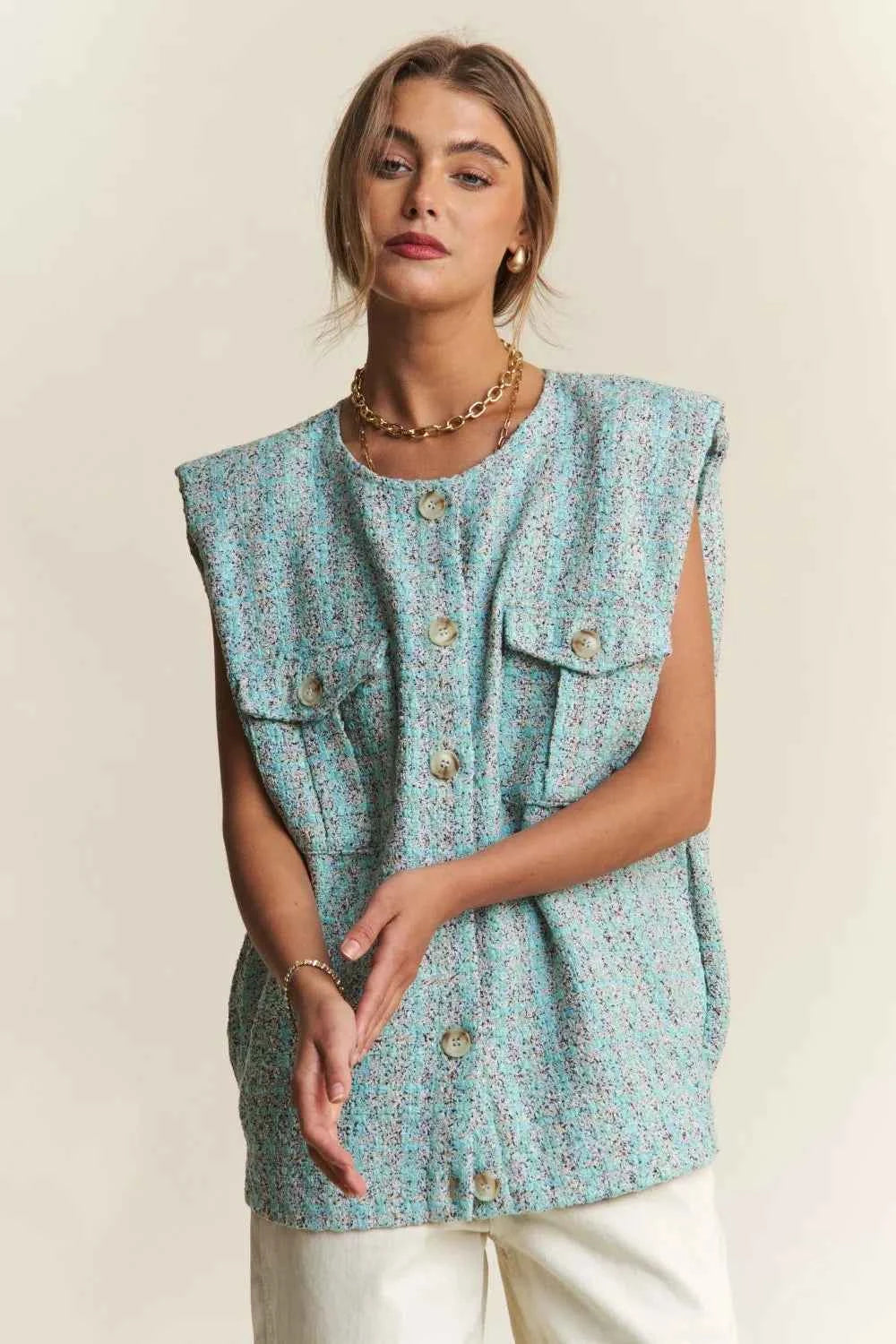 J.NNA Frayed Tweed Padded Shoulder Vest Celeste Blue 14a9fac1-e30b-4ac2-bc6f-1edcf60f35ca-Max
