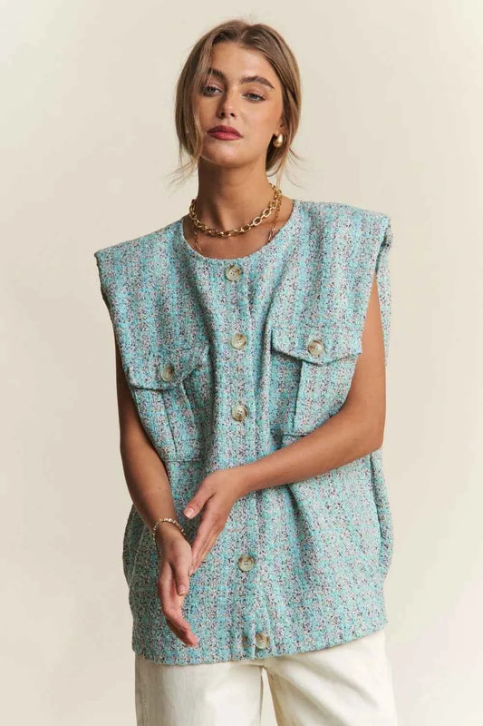 J.NNA Frayed Tweed Padded Shoulder Vest Celeste Blue 14a9fac1-e30b-4ac2-bc6f-1edcf60f35ca-Max