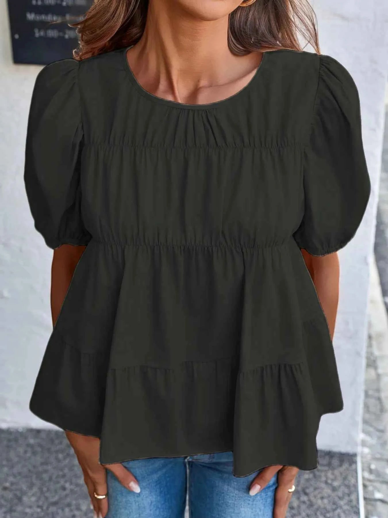 Tiered Round Neck Puff Sleeve Ruched Blouse 14aad81f-578e-40e1-a09c-404fe3c97ab7-Max-Origin