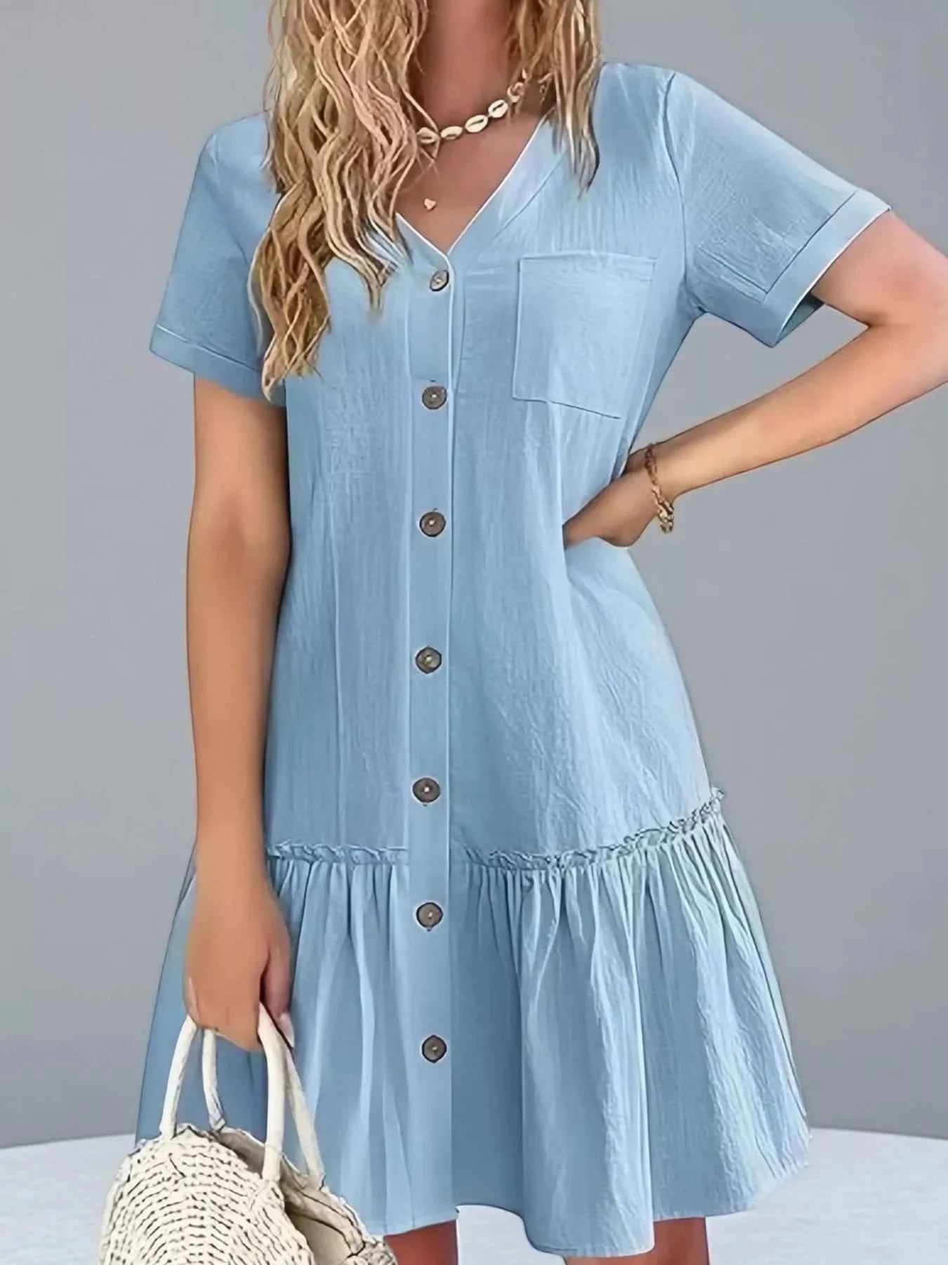 Full Size Button-Front Short Sleeve Tiered Dress Plus Size Light Blue 14ada8f8-d1c3-4910-abc6-2f611bf1bfd1-Max-Origin