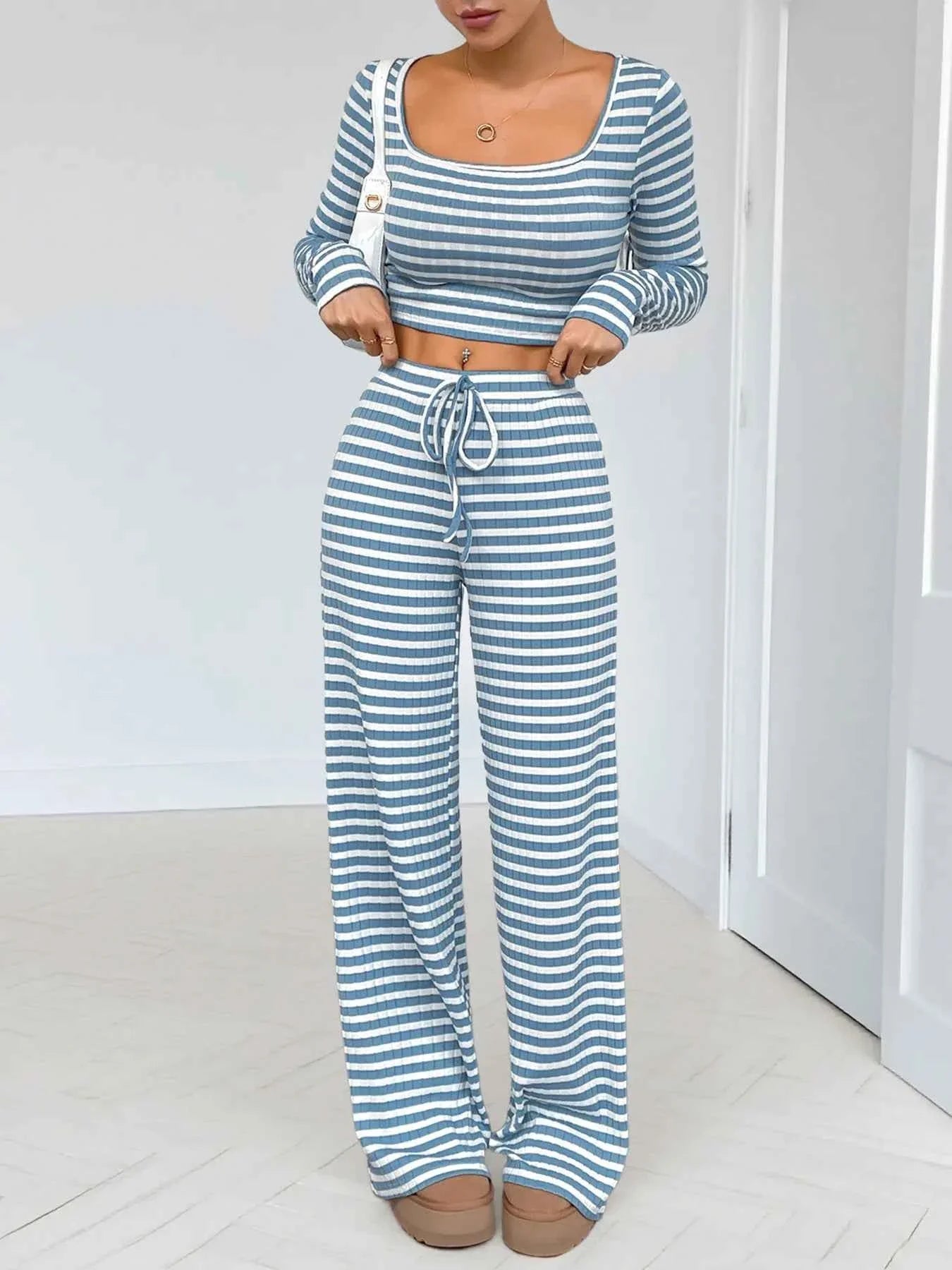 Striped Square Neck Long Sleeve Top and Pants Lounge Set 14b12a3f1e8f40ebbce3fdfdf77d07af-Max-Origin