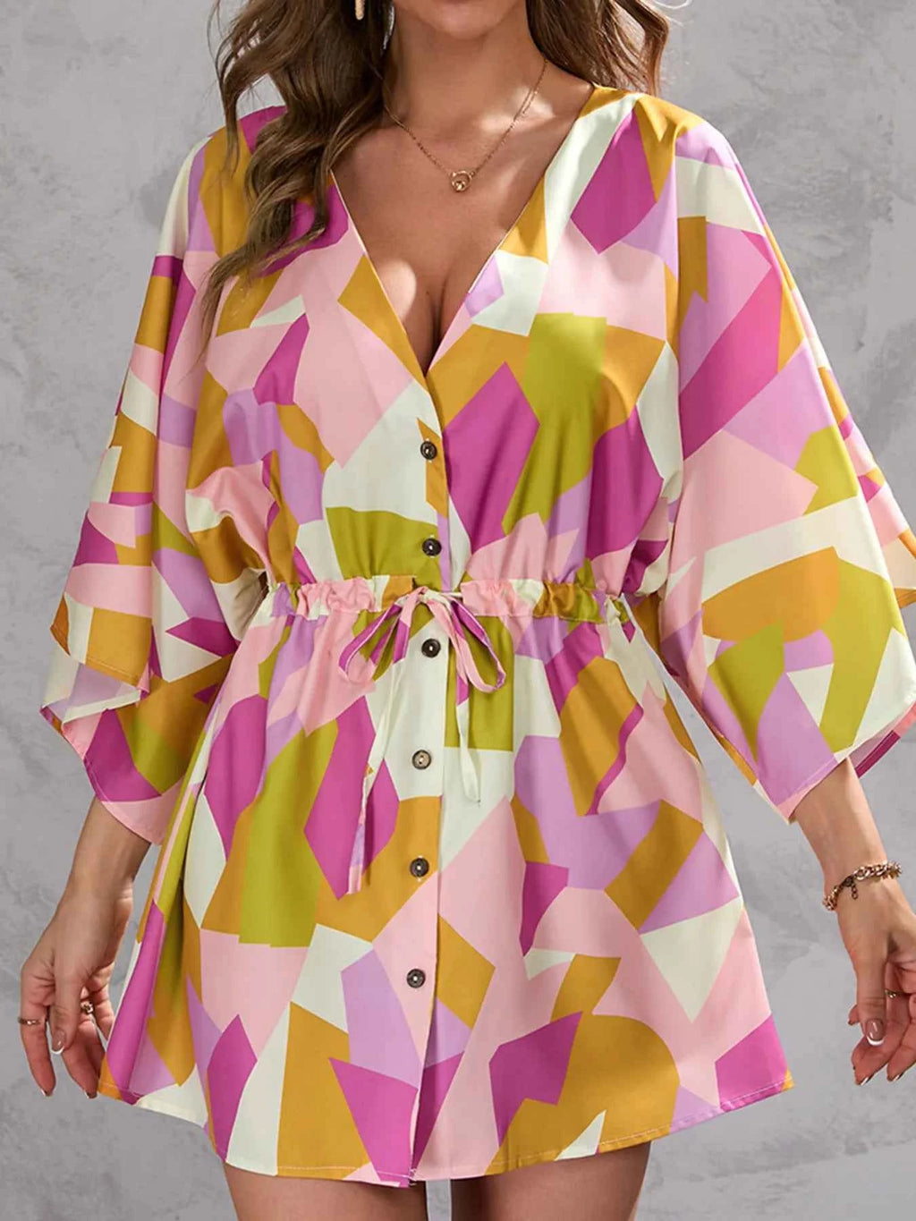 Color Block Drawstring Waist Button Up Dress 14b2efb79d134ddba20c7d979cbe37f8-Max-Origin