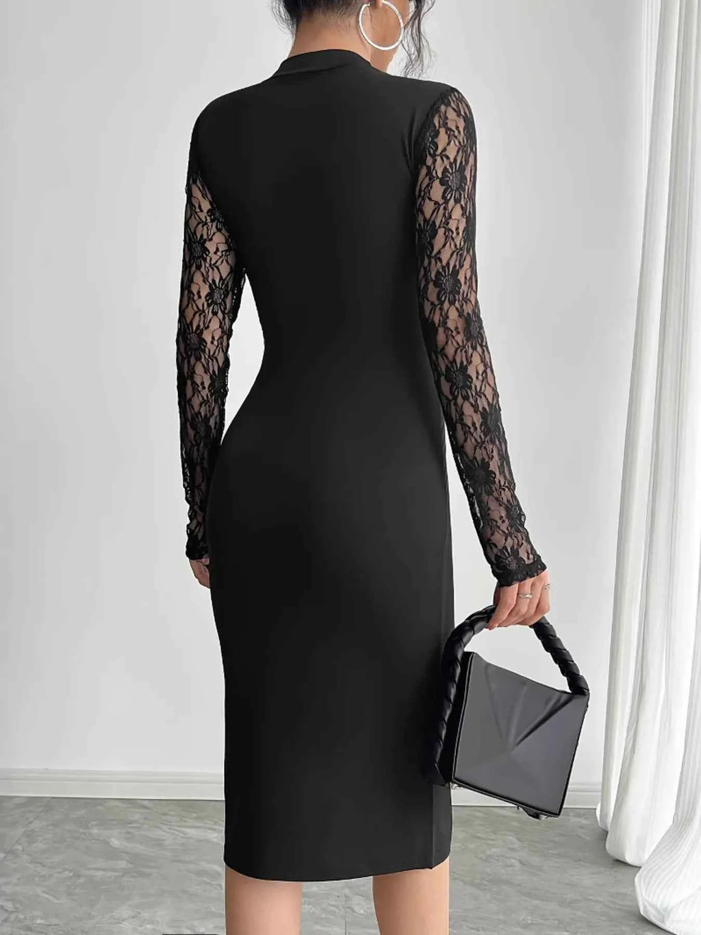 Lace Mock Neck Slit Dress 14b672aef2764185b40eef69e14c606e-Max-Origin