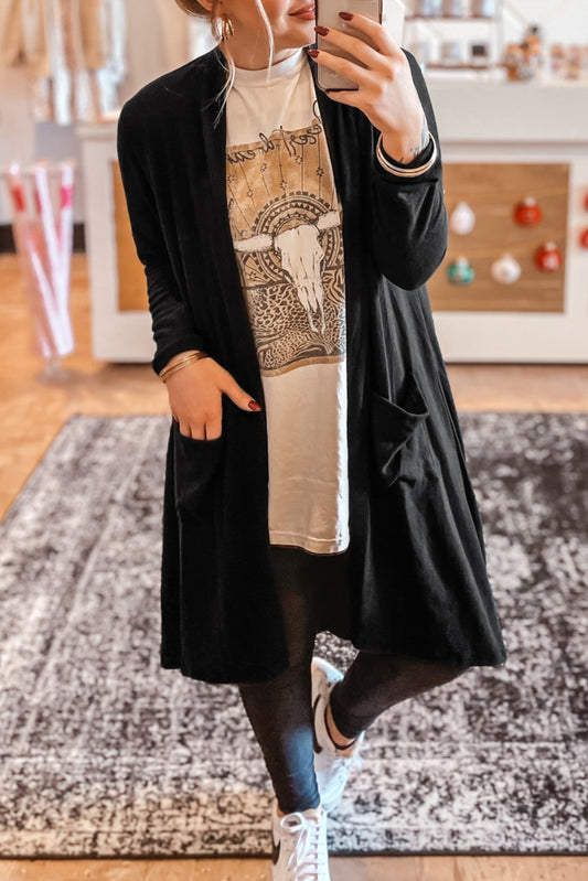 Black Solid Color Open Front Cardigan with Pocket Black 75%Polyester+20%Viscose+5%Elastane 14bc37e424a237f3