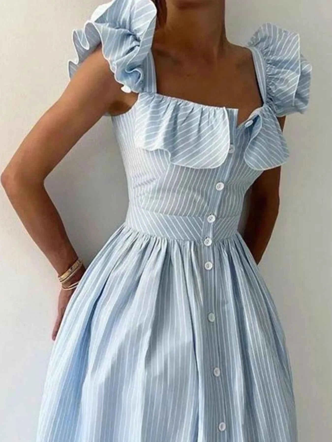Ruffled Striped Square Neck Dress 14bd6919-cfb7-4de2-a915-ff4841122254-Max-Origin