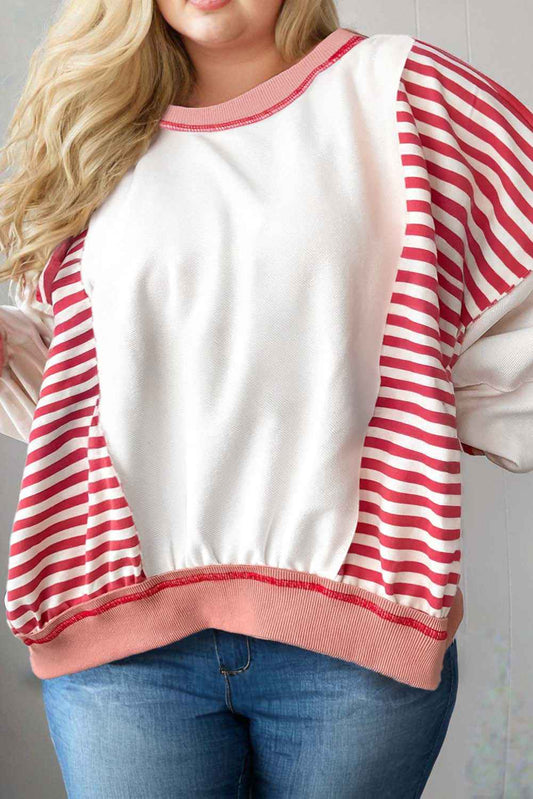 Red Stripe Colorblock Patchwork Stitching Detail Plus Size Sweatshirt Red Stripe 80%Polyester+15%Cotton+5%Elastane 14be028805361be9