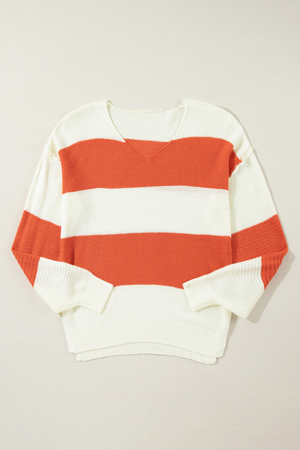 Orange Colorblock V Neck Side Slits Sweater 14be18cff0d59ff7