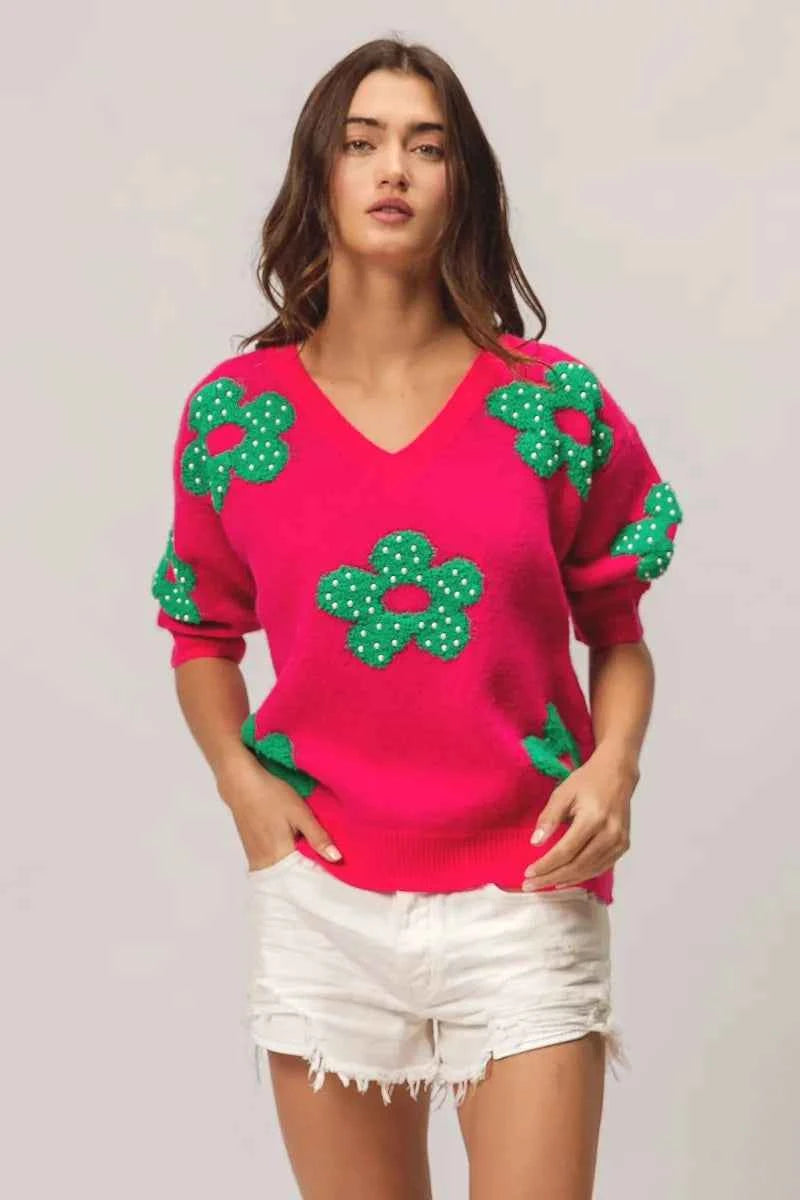 BiBi Pearl Beads Flowers Sweater Top 14c026e4656747aca0d78ae638d9d7d4-Max-Origin